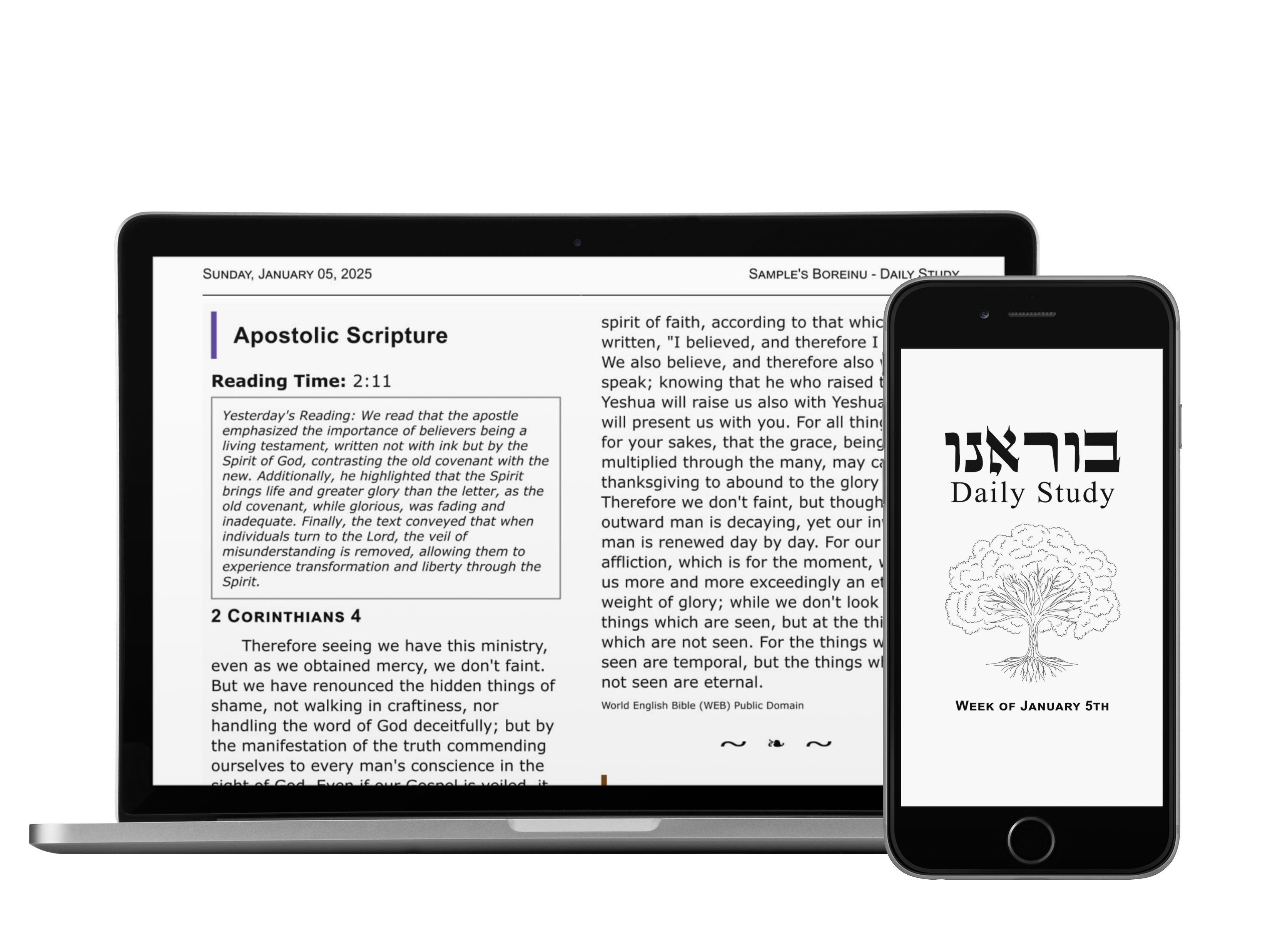 Boreinu Study App showing the daily Parsha reading with controls for reading and audio.